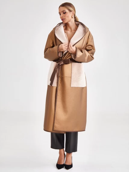 Женская двусторонняя дубленка халат с капюшоном премиум класса 2001/2, бежевая, размер 44, артикул 62421-0