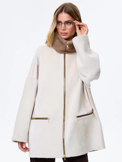 Женское полупальто с норковым воротником из натуральной овчины премиум класса 2057, белое, размер 44, артикул 64510-0