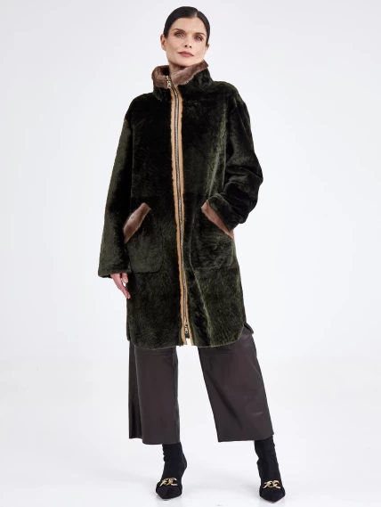 Женская двусторонняя дубленка из астрагана с мехом норки премиум класса 2018, хаки, размер 50, артикул 62770-5
