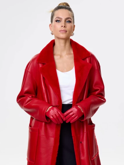 Длинная женская дубленка оверсайз премиум класса 2002, красная, размер 46, артикул 62441-5