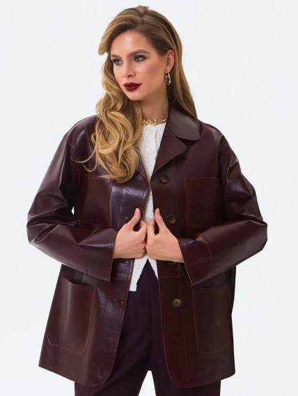 Бордовый женский кожаный пиджак премиум класса 3092, размер 46, артикул 24600-1