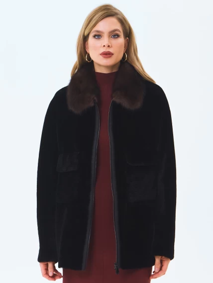 Дубленка женская из астрагана с воротником куницей 2063, черная, размер 52, артикул 64660-4