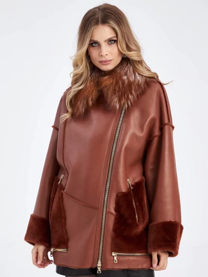 Короткая дубленка оверсайз с воротником лисицы премиум класса для женщин 2042, виски, размер 42, артикул 63190-6