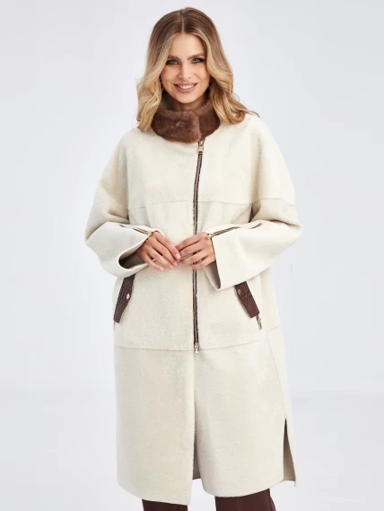 Женская молодежная дубленка с воротником из меха норки премиум класса 2022, белая, размер 48, артикул 63030-1