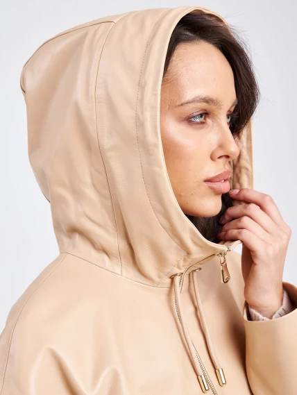 Кожаный женский плащ с капюшоном на молнии премиум класса 3034, бежевый, размер 48, артикул 91940-2