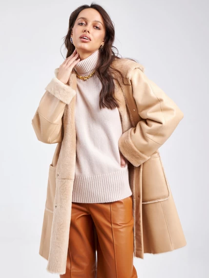 Женское классическое пальто с капюшоном из натуральной овчины премиум класса 2004, бежевое, размер 54, артикул 63810-2