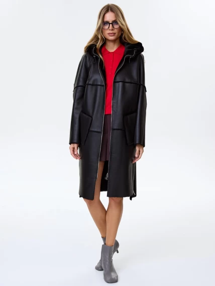 Стильная женская дубленка оверсайз с капюшоном премиум класса 2052, черная, размер 52, артикул 64470-4