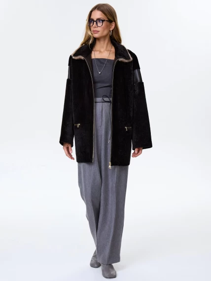 Женское полупальто с норковым воротником из натуральной овчины премиум класса 2057, черное, размер 52, артикул 64330-2