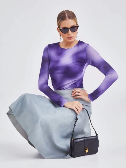 Кожаная юбка годе 14, серо-голубая, размер 46, артикул 85960-2