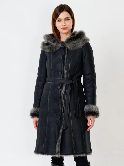 Длинная женская дубленка из тосканы с капюшоном 123нк, черная, размер 52, артикул 61871-0