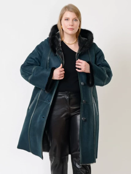 Женская дубленка с капюшоном и отделкой из меха норки 225у, синяя, размер 58, артикул 14860-2