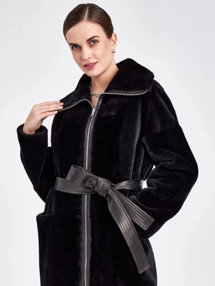 Женское двустороннее пальто из астрагана с поясом премиум класса 2015, черное, размер 48, артикул 63790-4