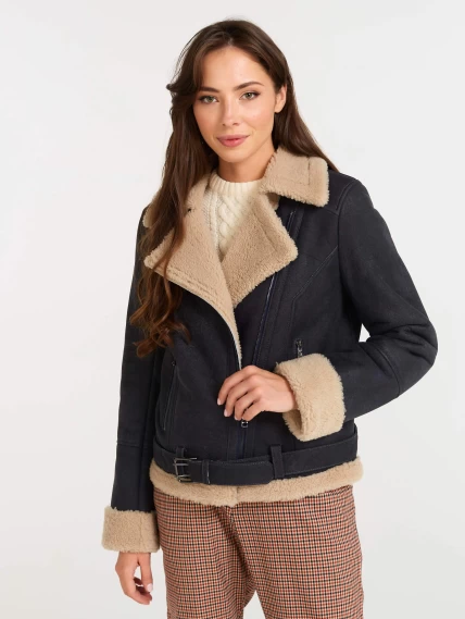 Короткая женская дубленка косуха из керли 201, синяя, размер 44, артикул 61272-0