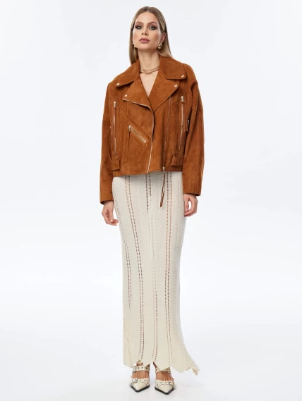 Короткая женская замшевая куртка косуха премиум класса 3051з, виски, размер 46, артикул 23920-1