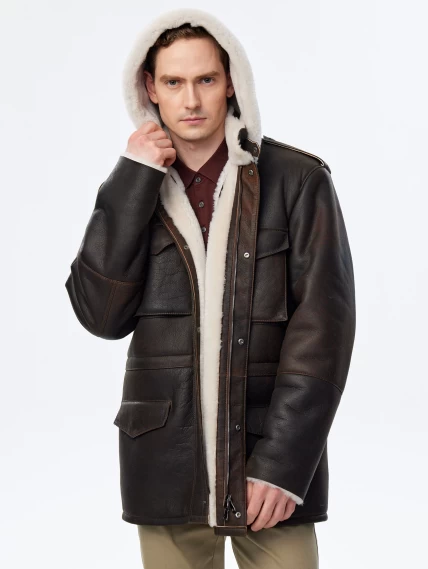 Дубленка мужская с капюшоном премиум класса 433, коричневая, размер 50, артикул 70751-4