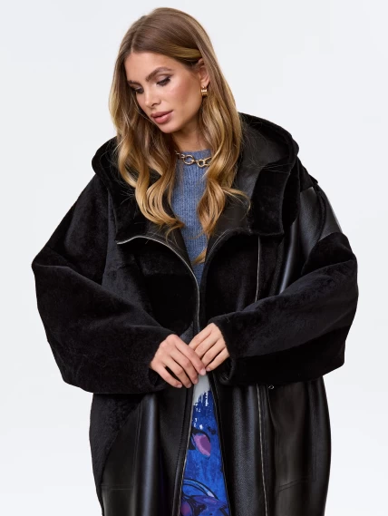 Женская дубленка оверсайз с капюшоном премиум класса 2055, черная, размер 48, артикул 62450-5