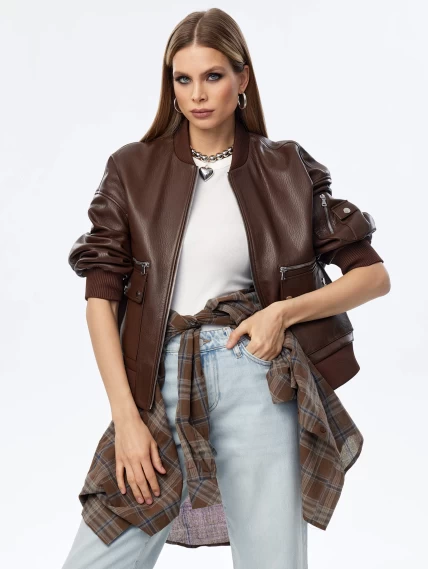 Короткая кожаная куртка бомбер для женщин премиум класса 3064, коричневая, размер 46, артикул 24030-6