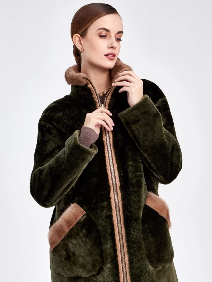 Женская двусторонняя дубленка из астрагана с мехом норки премиум класса 2018, хаки, размер 50, артикул 62771-0
