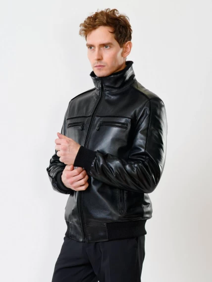 Короткая кожаная мужская дубленка бомбер 515, черная, размер 50, артикул 40200-6
