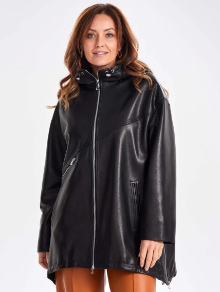 Кожаный женский плащ оверсайз на молнии с капюшоном премиум класса 3054, черный, размер 48, артикул 23490-4