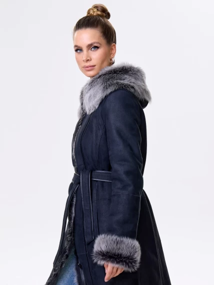 Длинная женская дубленка из тосканы с капюшоном 123нк, черная, размер 52, артикул 61893-2