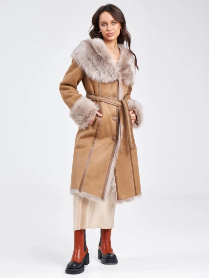 Женское пальто из натуральной овчины с капюшоном 132, бежевое, размер 44, артикул 62860-4