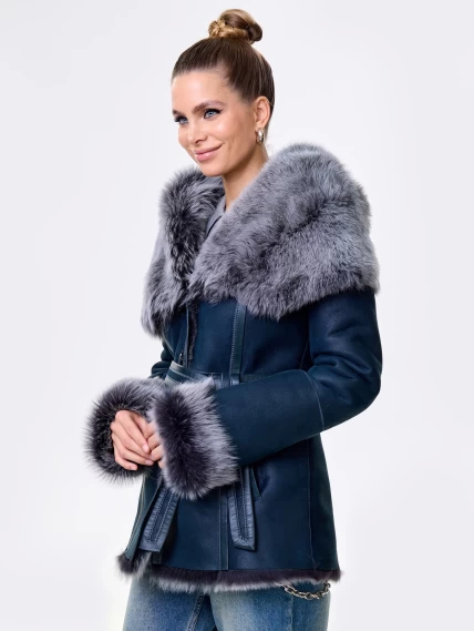 Короткая женская дубленка из тосканы с капюшоном 122, синяя, размер 44, артикул 14871-4