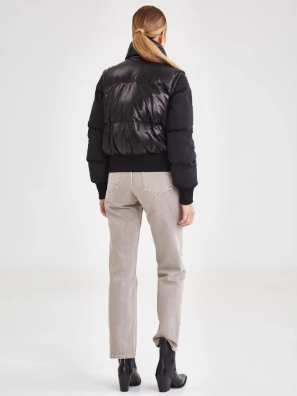 Комбинированный короткий кожаный женский пуховик премиум класса 3029, черный, размер 46, артикул 25330-1