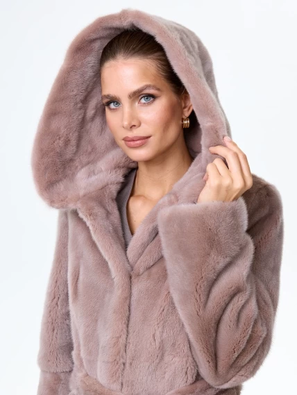 Норковая шуба женская с капюшоном под пояс Лолита(к), пудровая, размер 46, артикул 34170-2