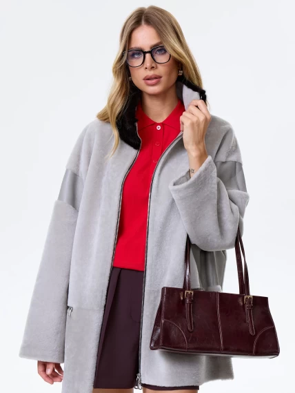 Женское полупальто с норковым воротником из натуральной овчины премиум класса 2057, серое, размер 44, артикул 64500-0