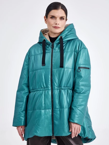 Кожаная женская куртка оверсайз с капюшоном премиум класса 3021, зеленая, размер 48, артикул 25470-4