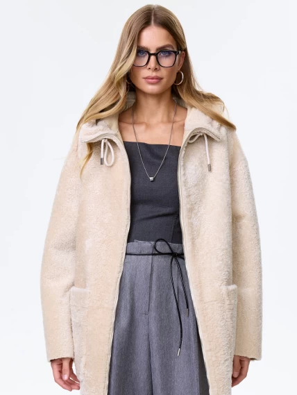 Длинная дубленка из астрагана с капюшоном для женщин премиум класса 2059, бежевая, размер 44, артикул 64120-4