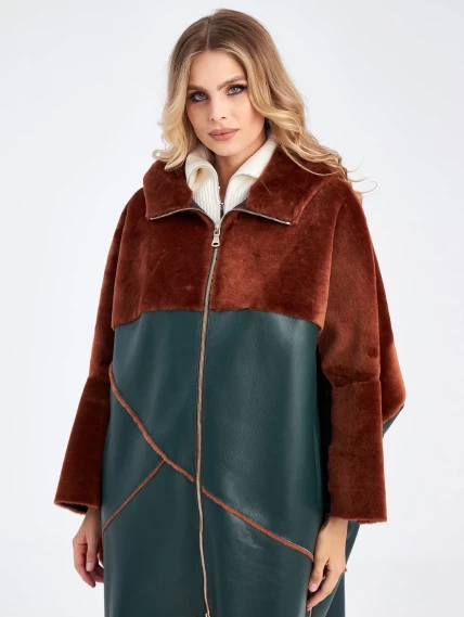 Короткая комбинированная женская дубленка с капюшоном премиум класса 2043, зеленая, размер 46, артикул 63170-0