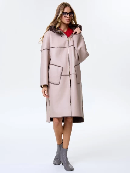 Женское полупальто с капюшоном из натуральной овчины премиум класса 2052, бежевое, размер 46, артикул 64280-4