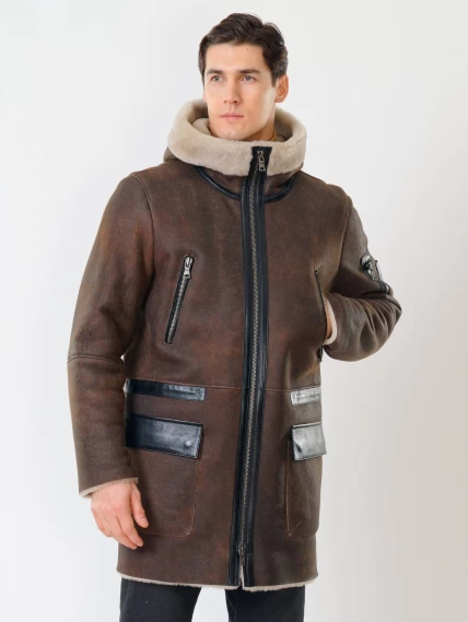 Длинная мужская дубленка с капюшоном премиум класса 429, коричневая, размер 48, артикул 70560-1