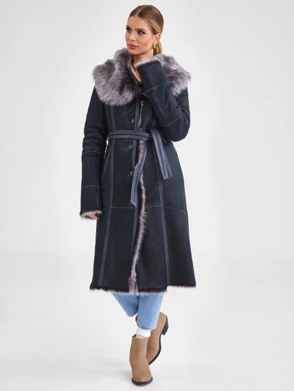 Женское пальто из натуральной овчины с капюшоном 132, синее, размер 44, артикул 64090-4