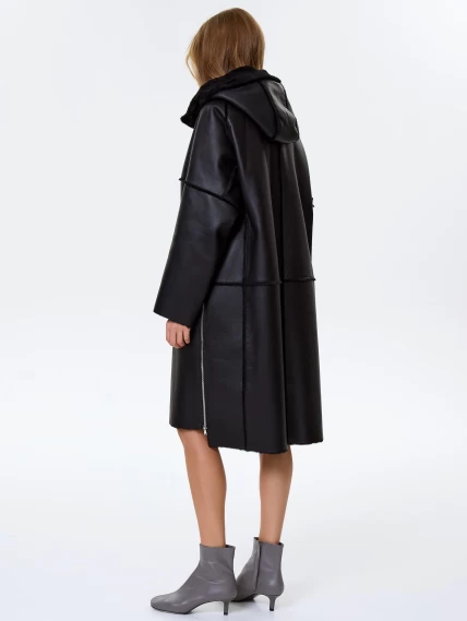 Женское полупальто с капюшоном из натуральной овчины премиум класса 2052, черное, размер 52, артикул 64290-5