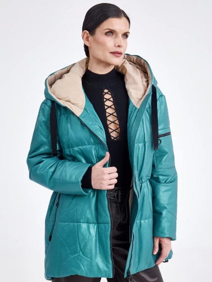 Кожаная женская куртка оверсайз с капюшоном премиум класса 3021, зеленая, размер 48, артикул 25470-0