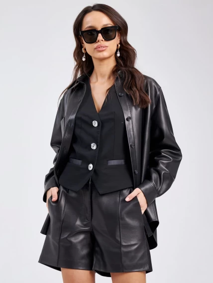 Кожаная женская куртка с поясом премиум класса 02, черная, размер 46, артикул 24760-1