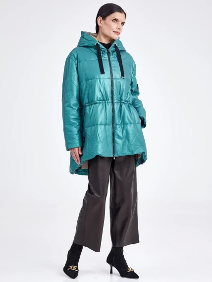 Кожаная женская куртка оверсайз с капюшоном премиум класса 3021, зеленая, размер 48, артикул 25470-5