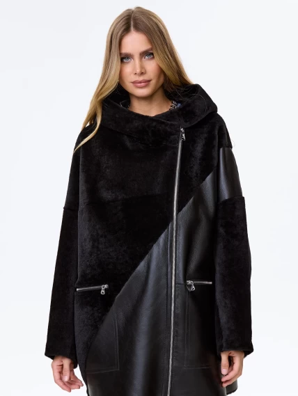 Женское полупальто оверсайз из натуральной овчины с капюшоном премиум класса 2055, черное, размер 48, артикул 64270-2
