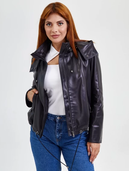Кожаная женская куртка бомбер с капюшоном 305, черная, размер 46, артикул 91761-1