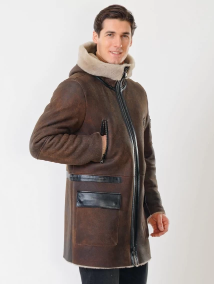 Длинная мужская дубленка с капюшоном премиум класса 429, коричневая, размер 48, артикул 70560-5