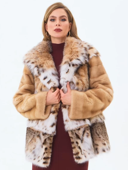 Женская шуба из рысевидной кошки с капюшоном премиум класса Мариана(к), бежевая, размер 46, артикул 34240-0