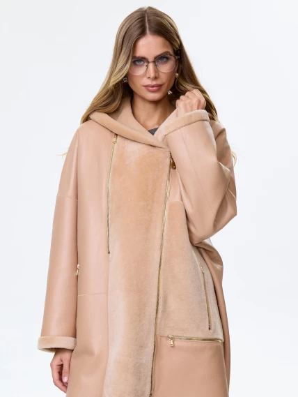 Молодежное полупальто из натуральной овчины для женщин с капюшоном премиум класса 2056, бежевое, размер 52, артикул 64350-4