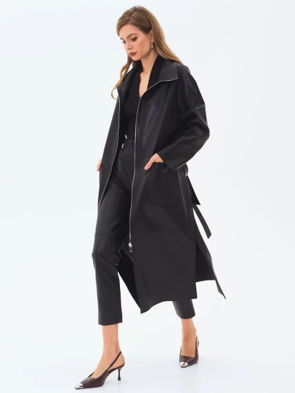 Длинный женский кожаный плащ премиум класса 3082, черный, размер 46, артикул 24560-1
