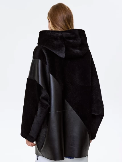 Женское полупальто оверсайз из натуральной овчины с капюшоном премиум класса 2055, черное, размер 48, артикул 64270-6