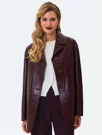 Бордовый женский кожаный пиджак премиум класса 3092, размер 46, артикул 24600-0