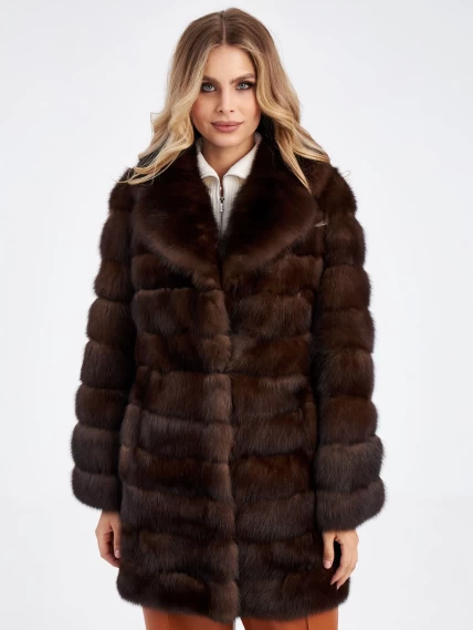 Поперечная женская соболиная шуба премиум класса 2а, темно-коричневая, размер 44, артикул 33690-2