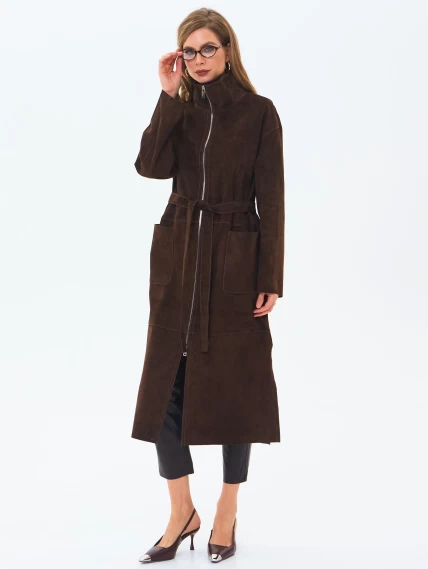 Длинный женский замшевый плащ премиум класса 3082з, коричневый, размер 48, артикул 24670-6